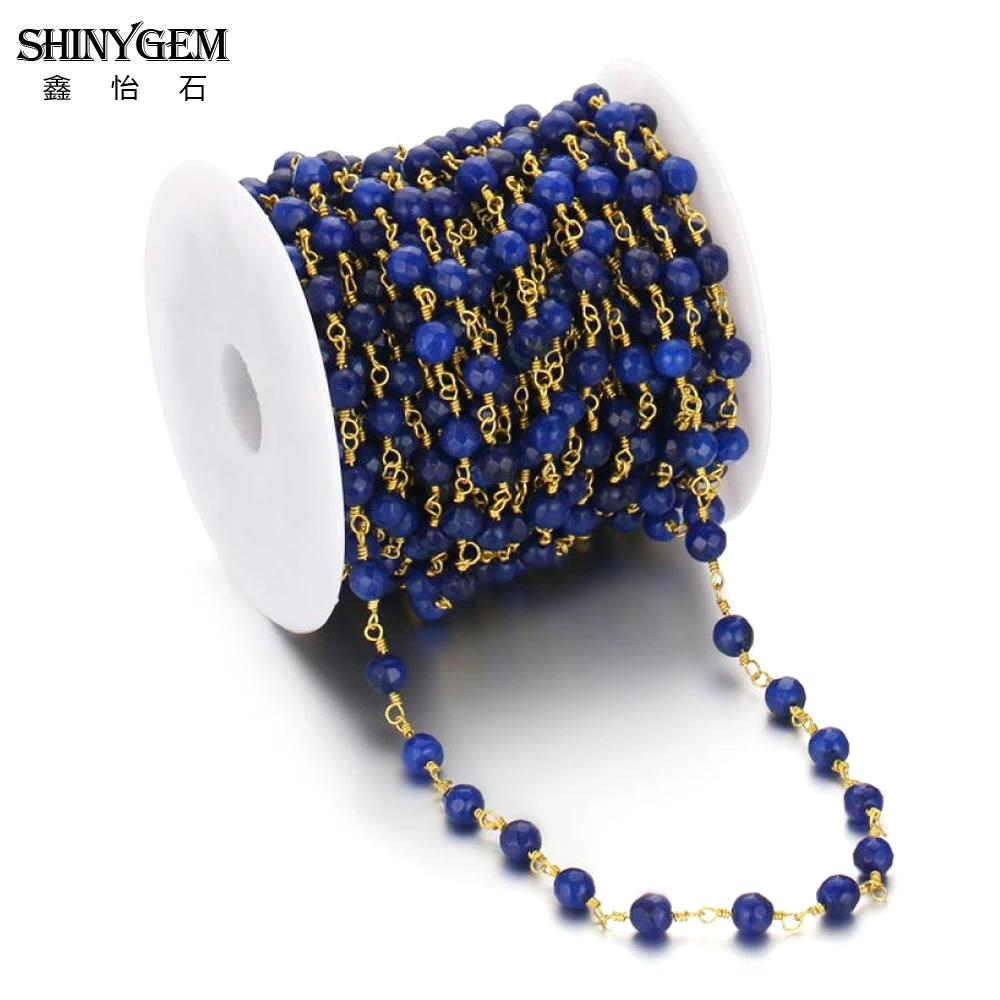 Сверкающий драгоценный камень 6 мм граненые синие яды цепочки из бисера золотое