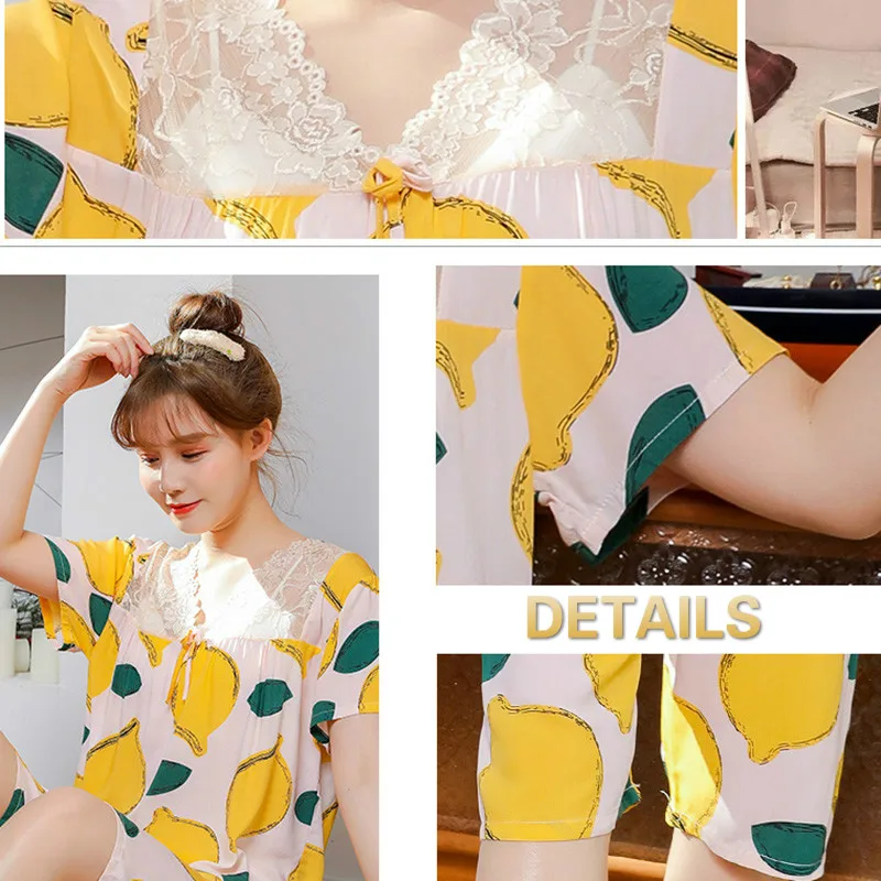 

Women Pajama Sets Print Simple Lace Elegant Casual Knee Length Sleepwear Female Korean Style Breathable Ins Chic Soft Home Wear