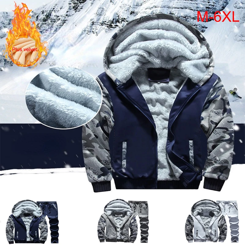 

Fashion Sportswear Men's Winter Thickened Fleece 2-piece Jacket + Pants Hooded Camouflage Casual Warm Suit M-6XLМодный костюм