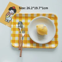 korean cute yellow lattice tray plastic melamine rectangular tray household bread cake tray meal delivery tray dinner plate
