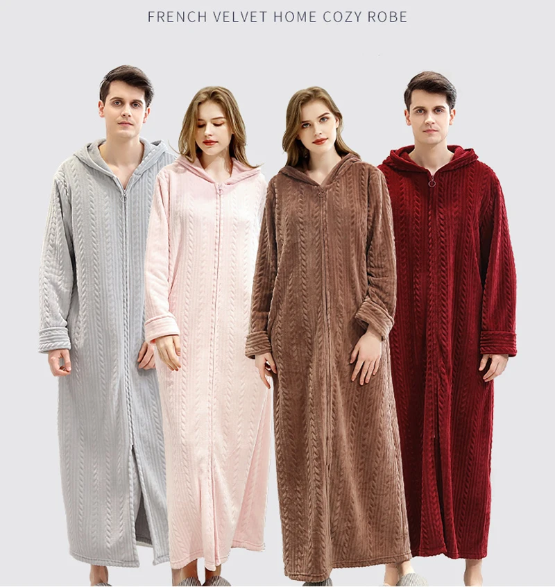 Roupão de Banho com Capuz Longo para as Mulheres Pijamas dos Homens Vestido de Vestir Flanela Velo Roupões Inverno Quente Housecoat Camisola 1 High Quality Pijamas e Moda Íntima