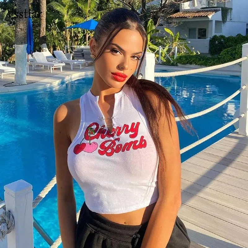 

Сексуальные топы с принтом Vsstiar, летняя модная базовая Повседневная Женская майка с надписью, белая уличная одежда без рукавов, милая жилетк...