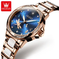 olevs fashion luxury automatic watch women diamond ladies blue dail ceramic stainless steel waterproof mechanical watches 6610