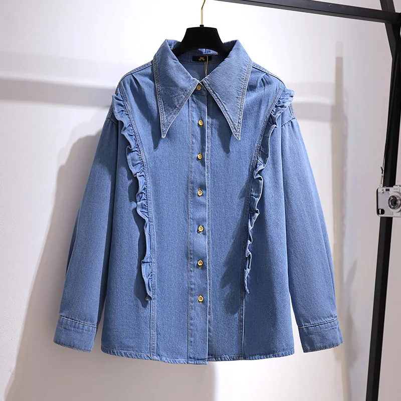 Plus Size Jeans Shirts Blue Casual Turn-Down Collar Long Sleeve Ruffles Buttons Spring and Autumn Denim Women's Clothing Blouses
