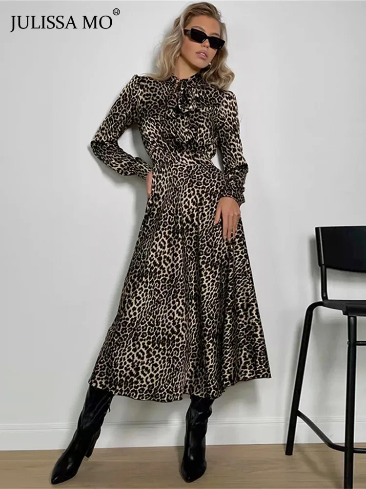 

Julissa Mo Leopard Print Bow Neck Sexy Long Dress Women 2021 Fashion Autumn Long Sleeve Dress Female Straps Party Vestidos