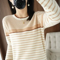 fashion striped wool sweater ladies spring autumn round neck pullover western style age reducing loose knitted womens clothing