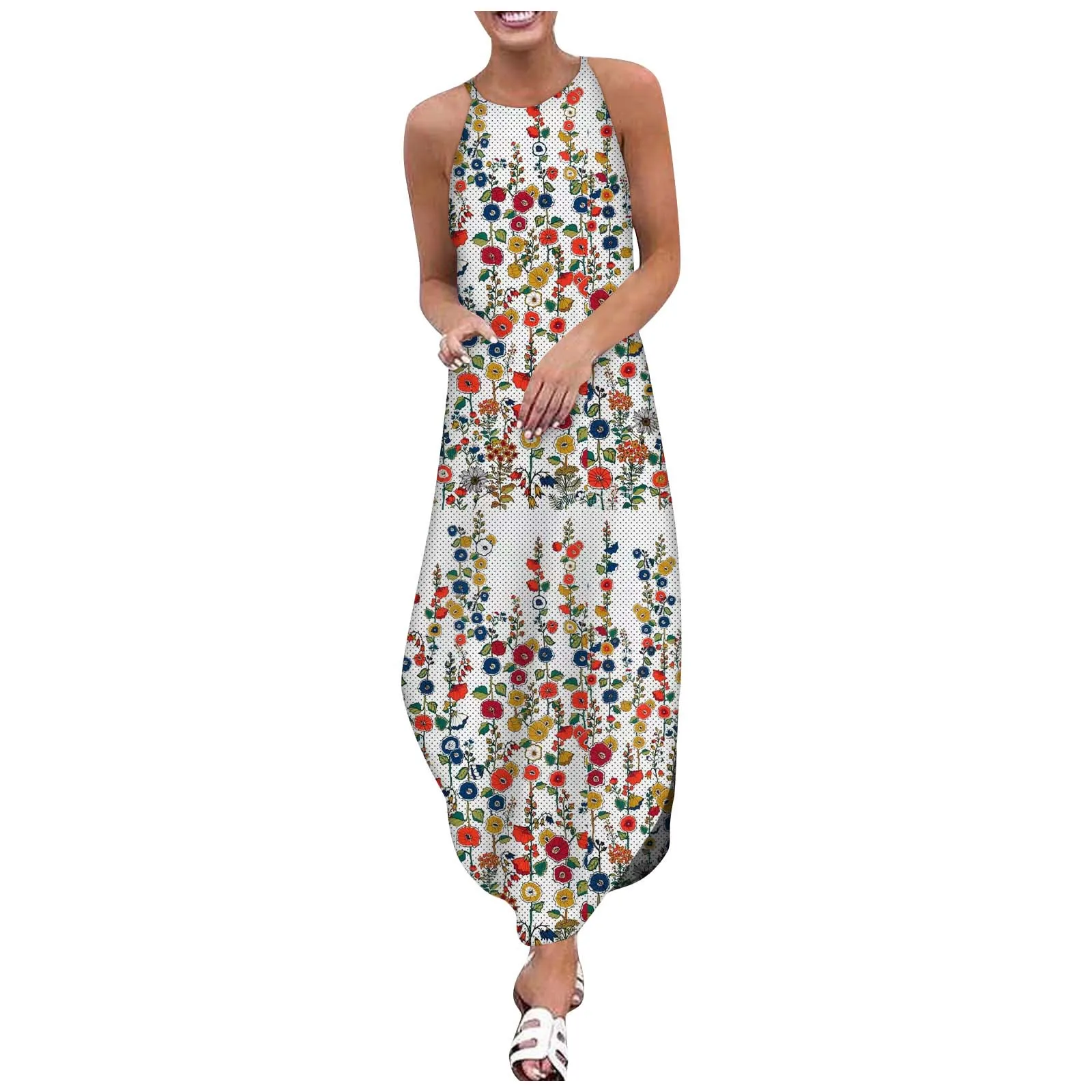 

SAGACE Ladies round neck ethnic printed cotton and linen large size sleeveless dress women summer O-neck printed dress