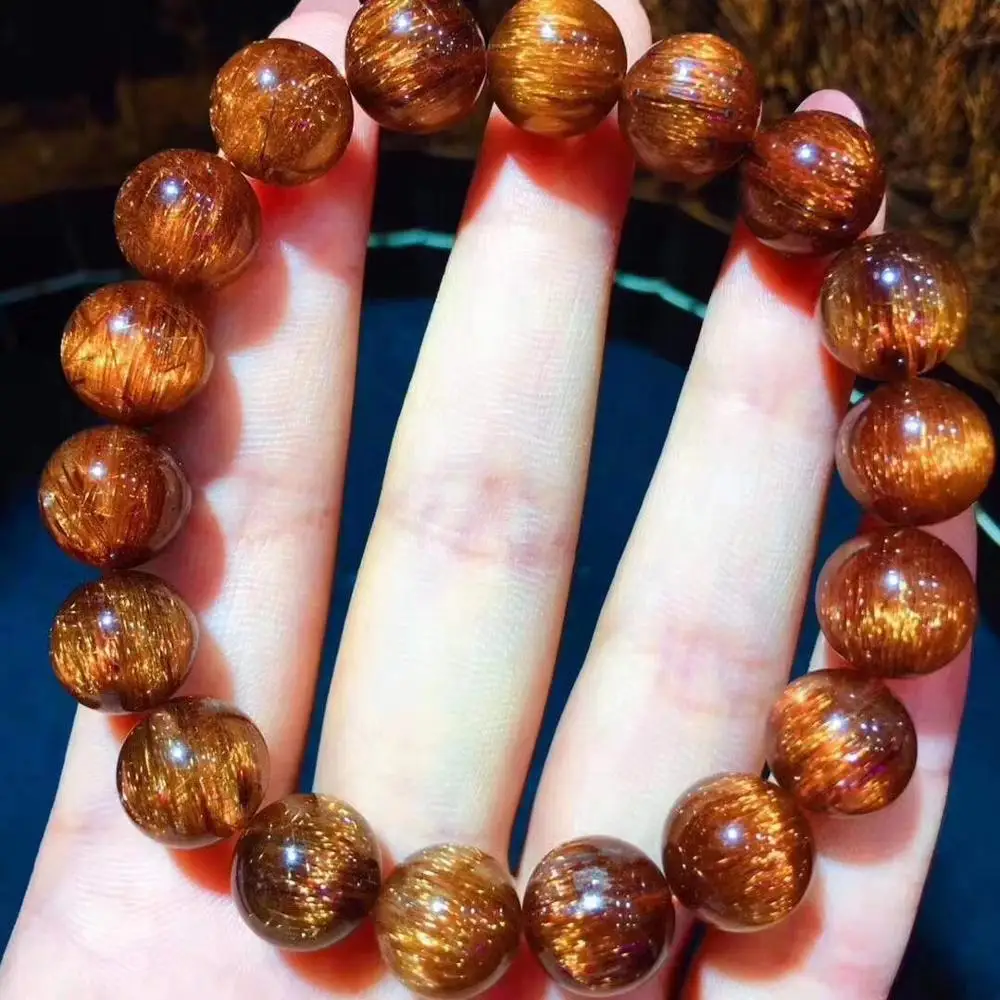 

Genuine Natural Copper Hair Rutilated Quartz Bracelet Gemstone 11mm Round Crystal Beads Rare Cat Eye AAAAA