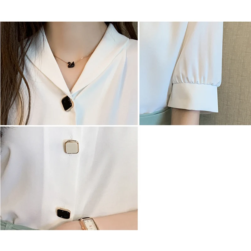 

LJSXLS 2021 Summer Super Fairy Chiffon White Blouses Women Solid Button Loose Versatile Show Thin Short Sleeve Blouse Ladies Top