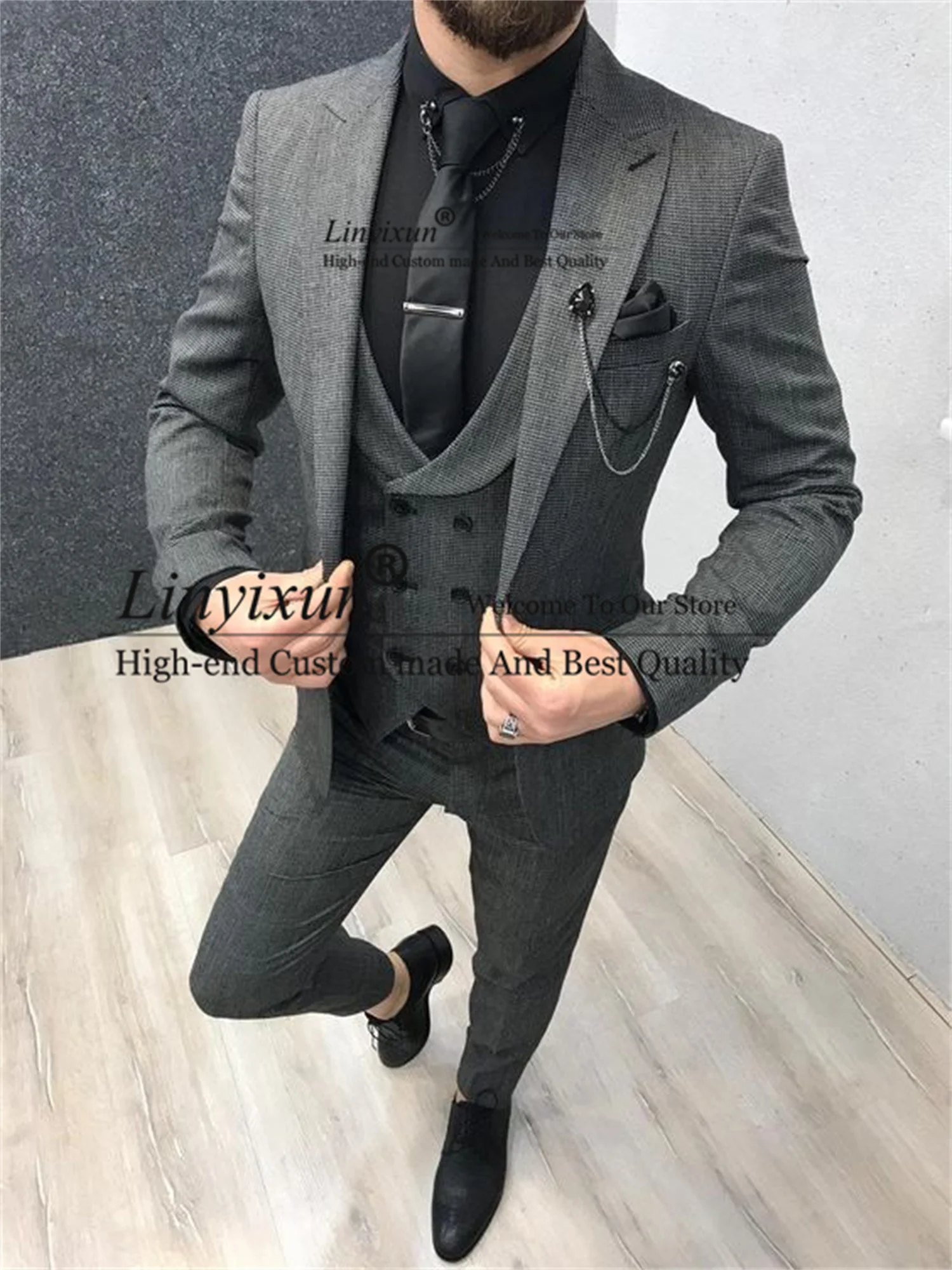 

Деловые серые мужские костюмы, облегающие мужские смокинги, комплект из трех предметов: куртка, брюки, жилет, костюм, мужской деловой блейзер для выпускного вечера, Terno Masculino