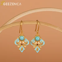 vintage s925 silver gold plated turquoise cloisonne totem drop earrings fine jewelry ethnic natural gemstone womens earrings