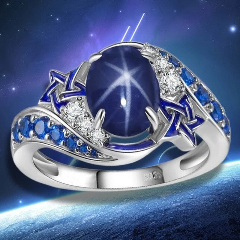 

Classic Blue Oval Shaped Crystal Silver Color Ring Inlaid Rhinestone Zircon for Women Men Party Wedding Engagement Jewelry