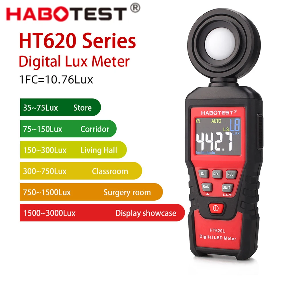 

HABOTEST Digital Light Meter Lux Meter Portable LCD Light Tester Photometer Handheld Brightness Detector HT620L Luxmeter