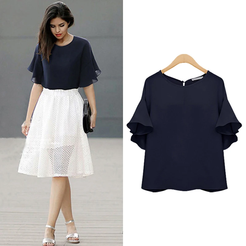 Ladies Chiffon Blouse Summer Fashion Loose Ruffles Sleeve Black Blue Elegant Party Office Women Shirts Blouses Plus Size 4xl 5xl |