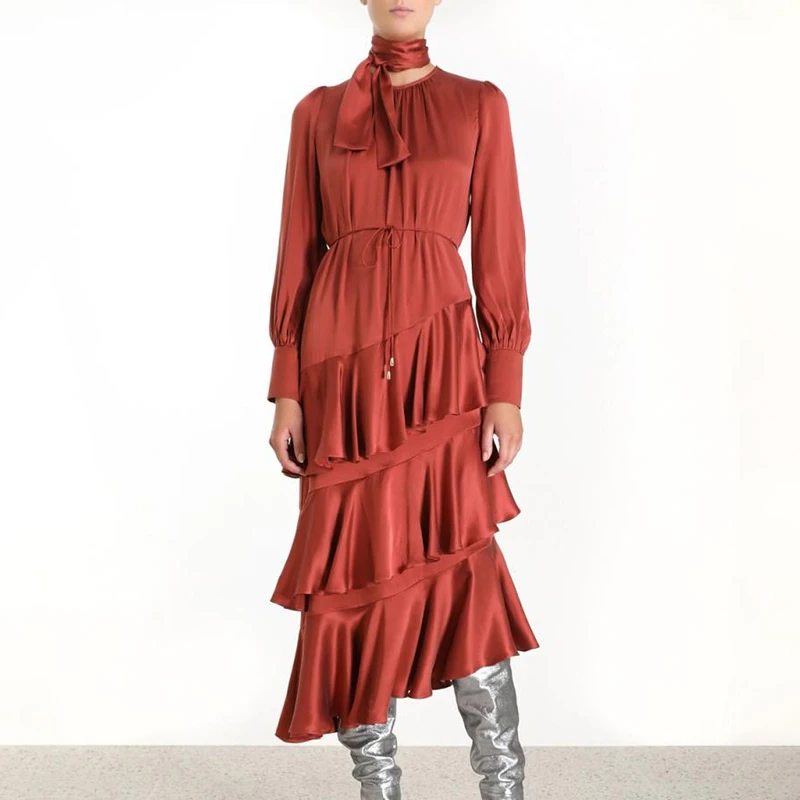 Женское атласное Макси-Платье асимметричное платье с рукавами-фонариками бантом