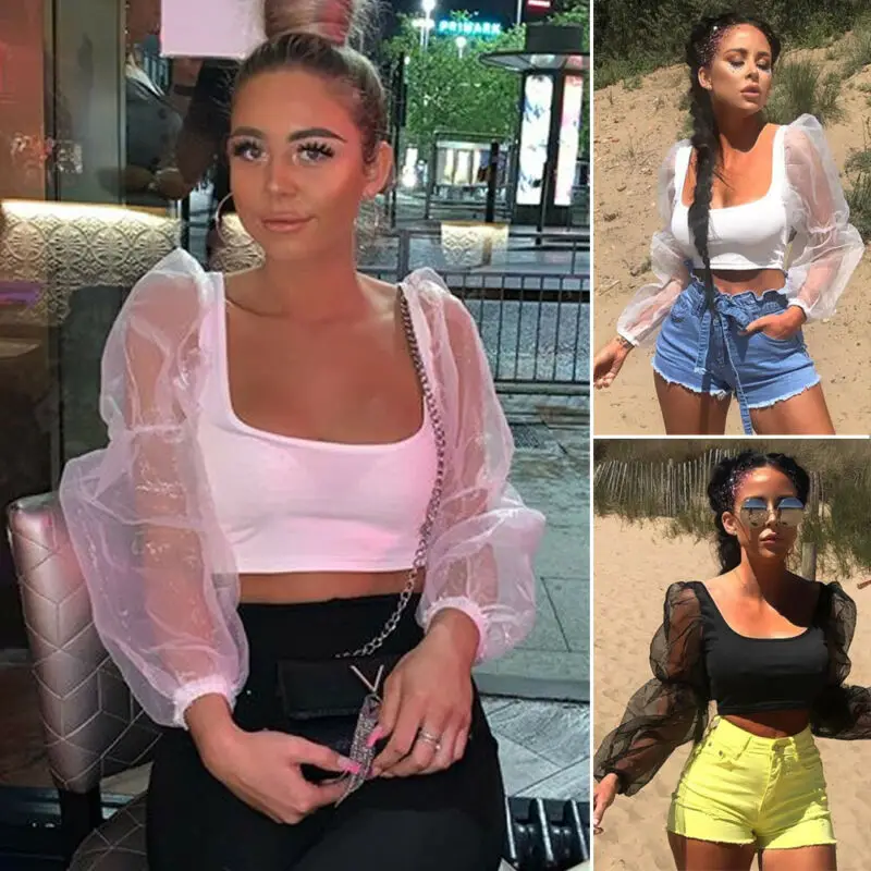 Мода женщин гофрированный сетчатый рукав низкий вырез сплошной Случайный клуб