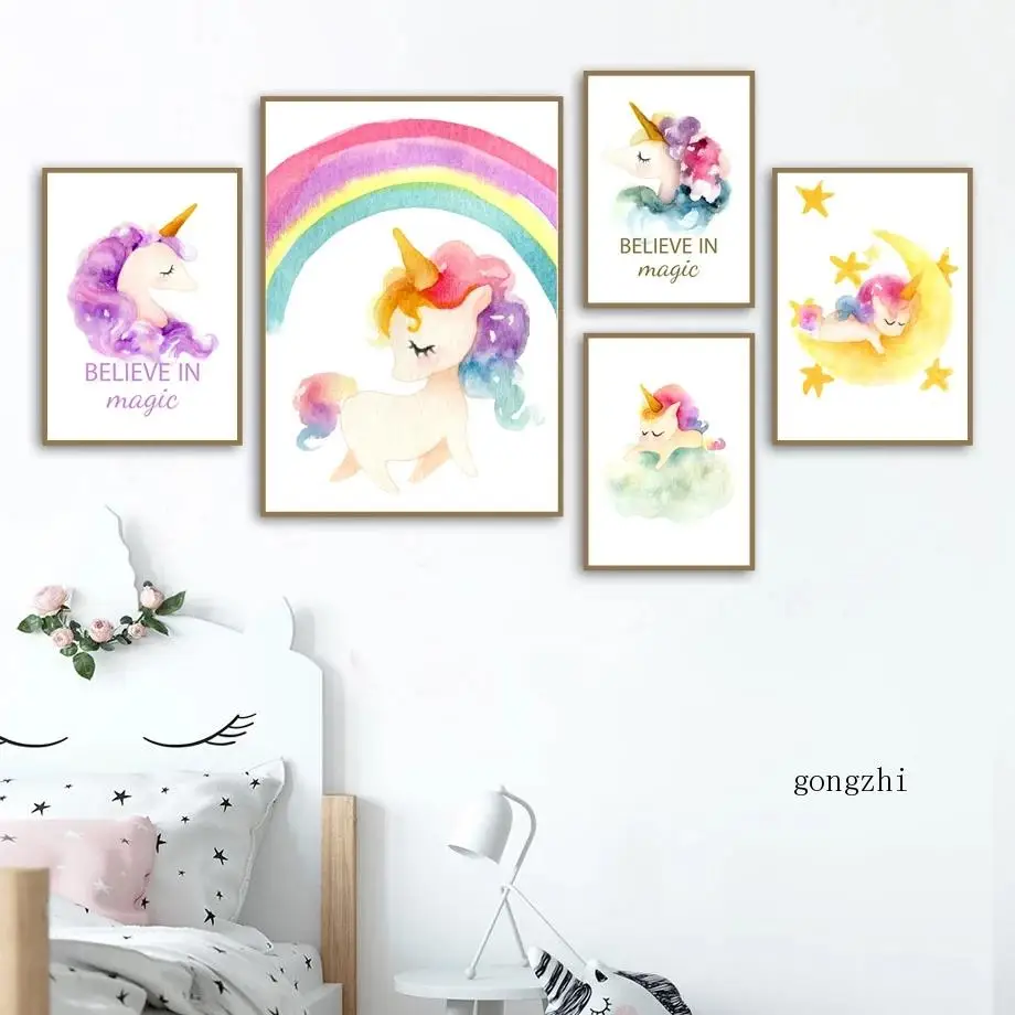 

Cartoon Unicorn Rainbow Star Moon Nordic Posters Watercolor Canvas Painting and Prints Nursery Wall Art Pictures Kids Room Decor