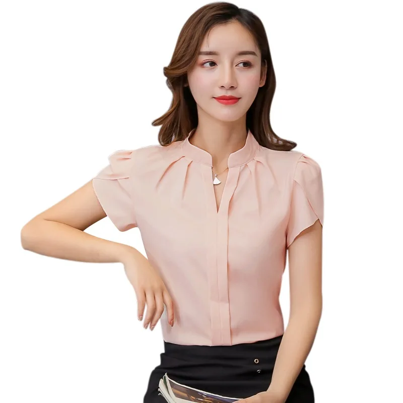 

Women Blouse Solid Shirts Short Sleeves Chiffon Female Fashion Tops Clothes Plus Size Feme