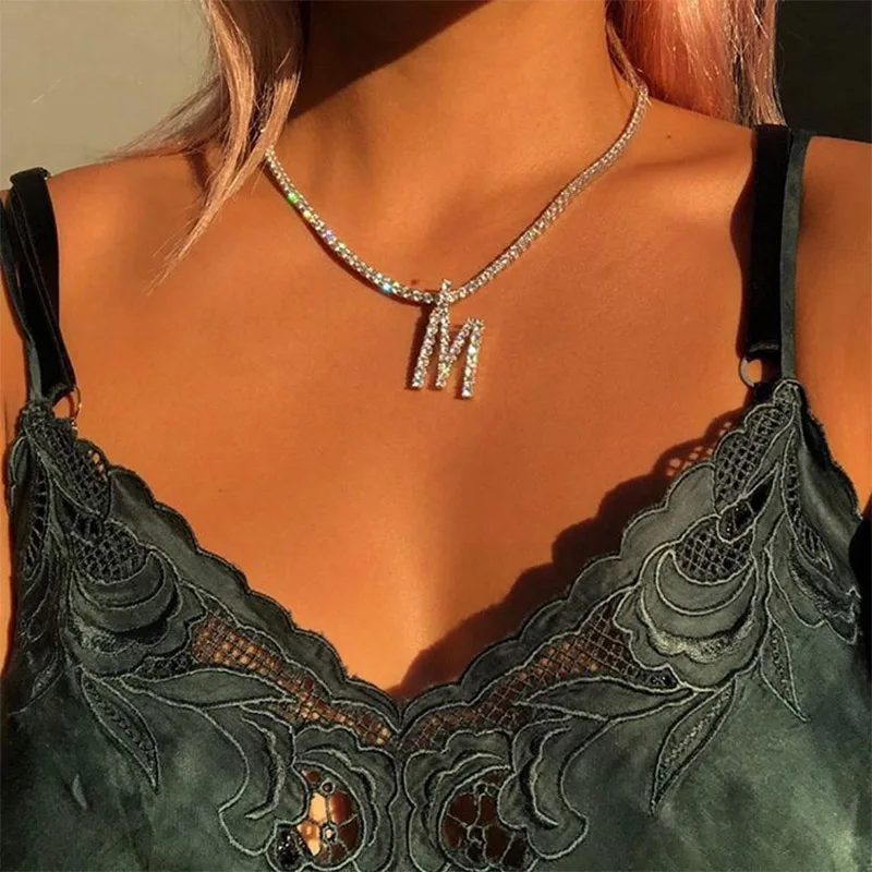 

New 26 Alphabet Rhinestone Letter Necklace Chain Women Statement Word Crystal Choker Pendant Necklace Collar Jewelry