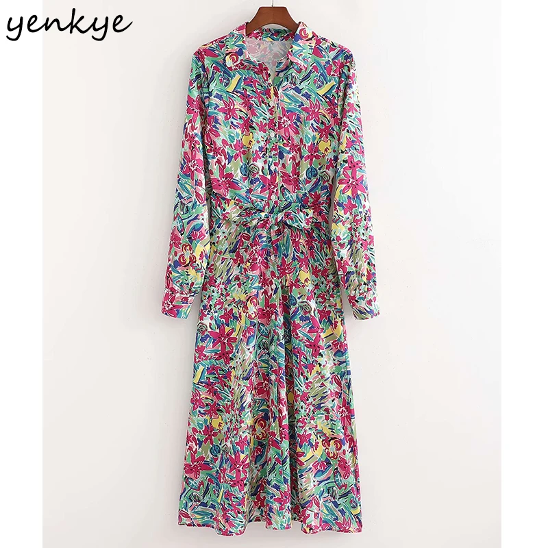 

YENKYE Fashion Women Multicolor Print Long Dress Female Lapel Collar Long Sleeve Sashes A-line Casual Dress New Spring Vestido