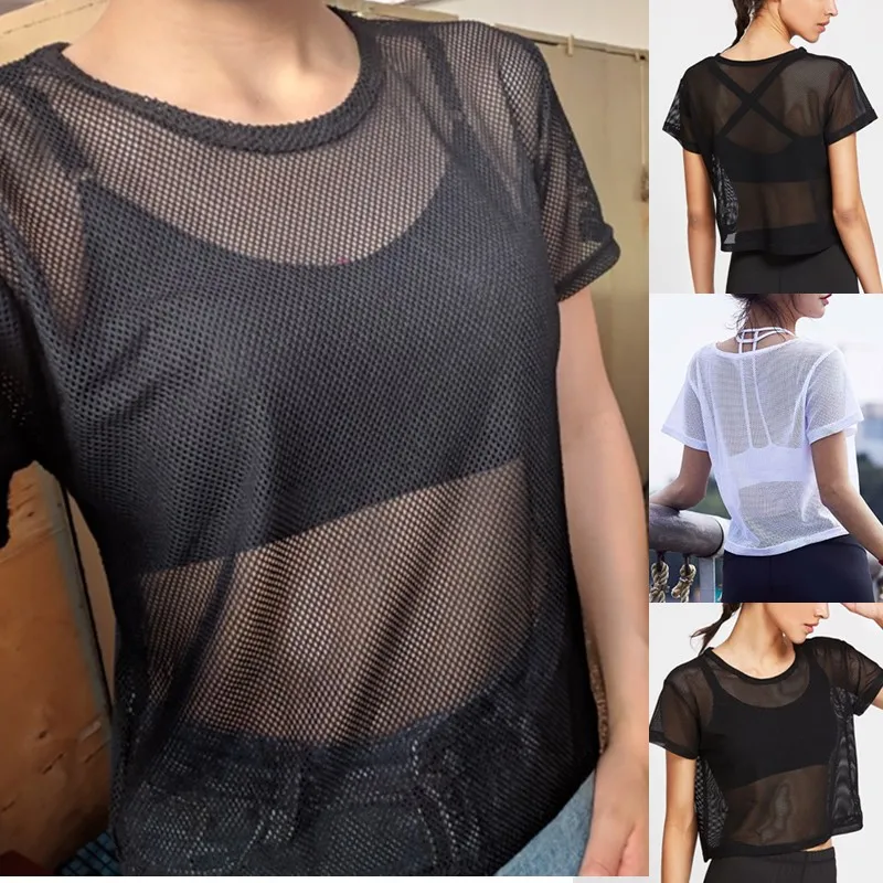 Сетчатая рубашка для йоги футболка с коротким рукавом ажурная блузка накидка на