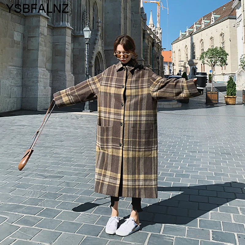 

Plaid Woolen Coats Womens Long Autumn Winter 2021 Loose Thicken Vintage Hepburn Jackets Lapel Single-breasted Female Clothing