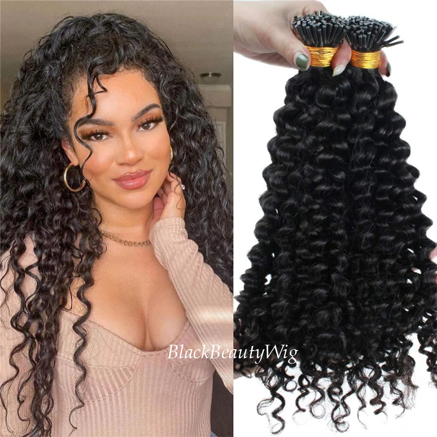 

I Tip Human Hair Extension Kinky Curly Pre Bonded Microlinks Keratin Fusion Hair Brazilian Remy Stick I Tip Hair 100Strands 100g