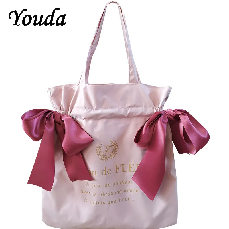 Women's Canvas Shoulder Bag Korean Version Cute Girls Bow Handbag Student Fashion Large Capacity Reusable School Bag Shopping