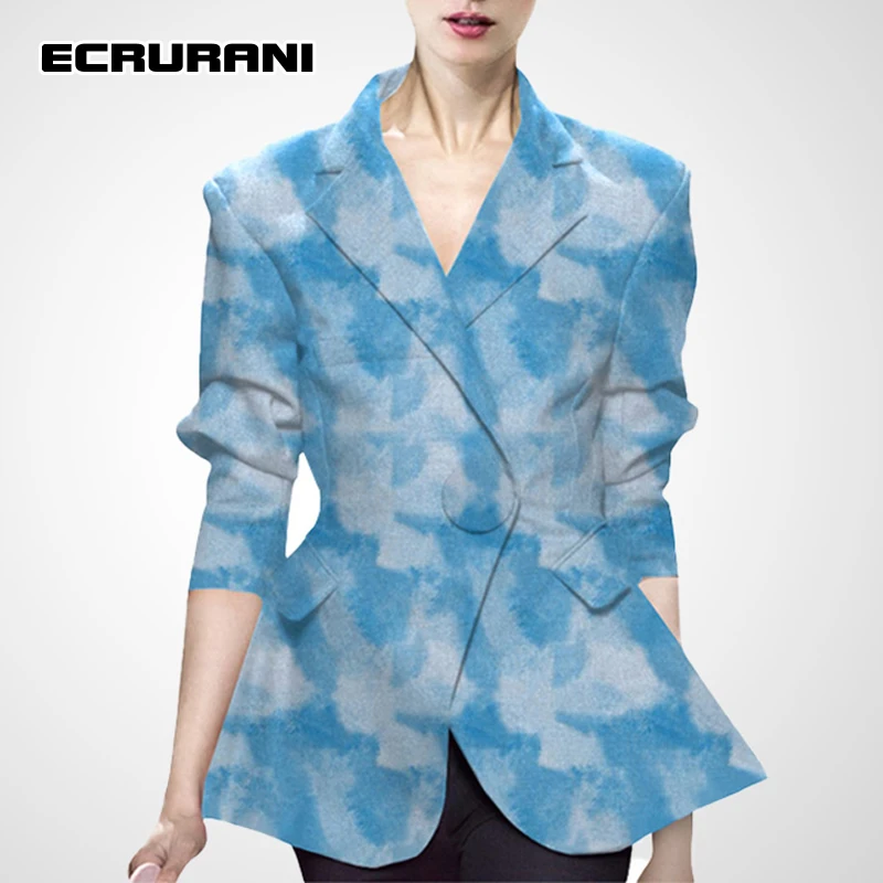 

Уличная одежда ECRURANI, блейзеры для женщин, пиджаки с отложным воротником, на одной пуговице, с длинным рукавом, приталенные пальто с присборе...