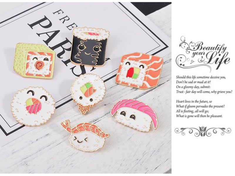 7 Style Collection Enamel Pins Brooches for Women Backpack Clothes Lapel Pin Sushi Salmon Brooch Badges Creative Cartoon Jewelry