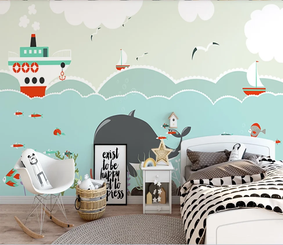 XUE SU Custom wallpaper mural hand-painted cartoon whale sailing underwater world children's room background wall | Обустройство