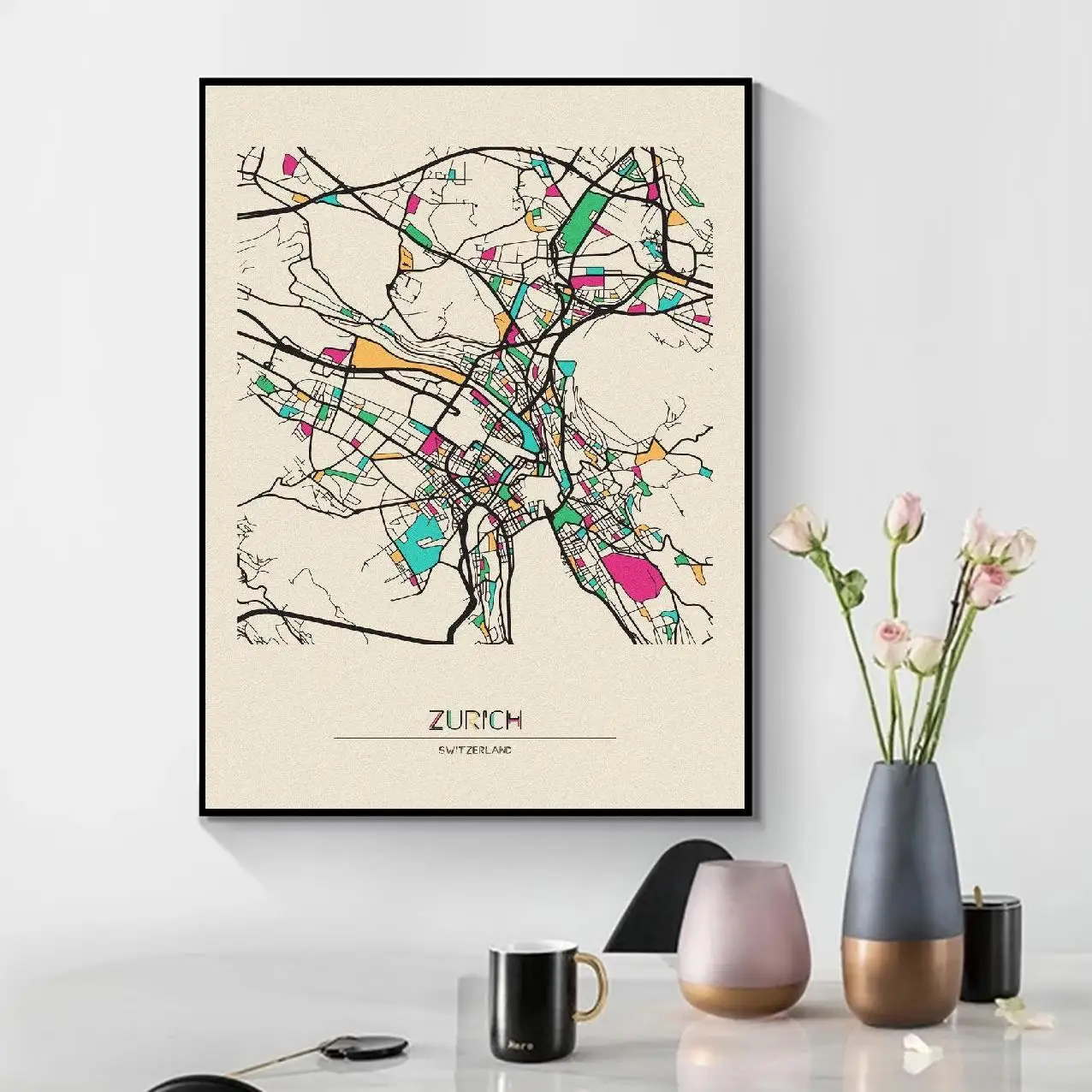 Картина на холсте с изображением гарнитуры швейцарская карта Цюриха настенный