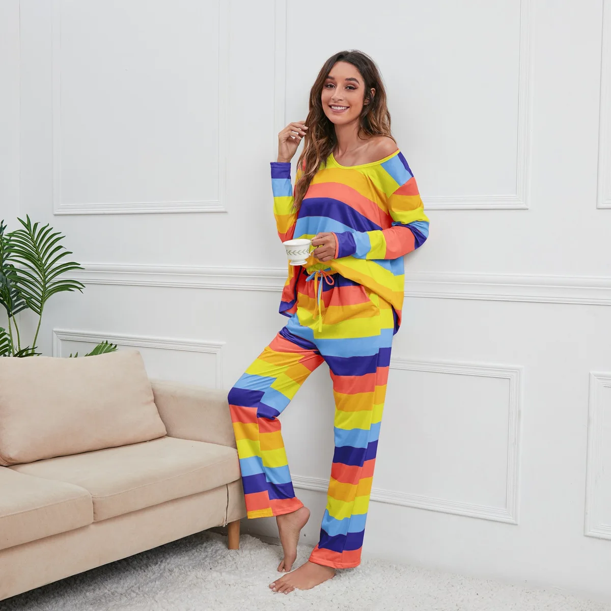 

Осенне-зимняя Новинка, женские пижамные комплекты из 2 предметов, пижамы в полоску с принтом, хлопковая одежда для сна с длинным рукавом, жен...