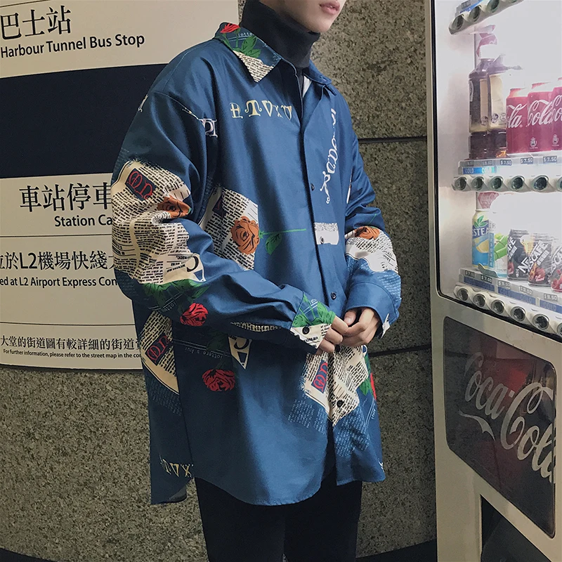 

2021 New Long Sleeves FLOWER Printing Classic Style Men's Hawaiian BLACK Shirt Loose French Cuff Brand Fashion Trend Shirts M-XL