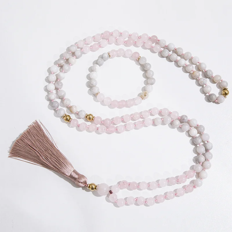 8mm Rose Quartz White Crazy Agate Gold Beads Knotted 108 Japamala Necklace Meditation Yoga Blessing Jewelry Tibetan Rosary Set images - 6