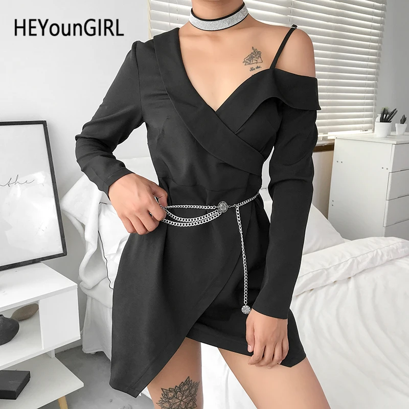 HEYounGIRL асимметричное Открытое плечо элегантное платье черное офисное платье с длинными рукавами женские Сплит сексуальные короткие платья женские осенние