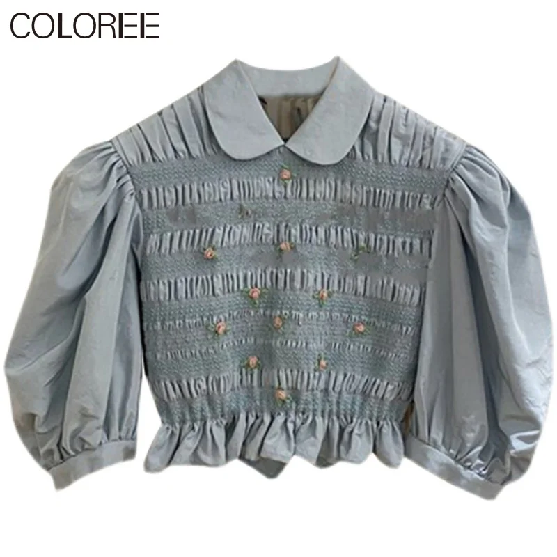 

Korean Fashion Clothing 2021 Summer Elegant Floral Appliques Chiffon Blouses Womens Causal Blue Short Sleeve Top Femme