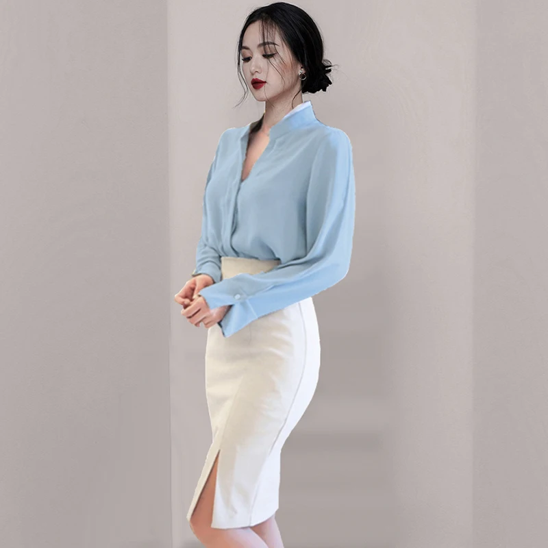

Spring Autumn V-neck Korean Women Tops Solid Long-sleeved Ofice Lady Casual Shirts Blusas Mujer De Moda TA856