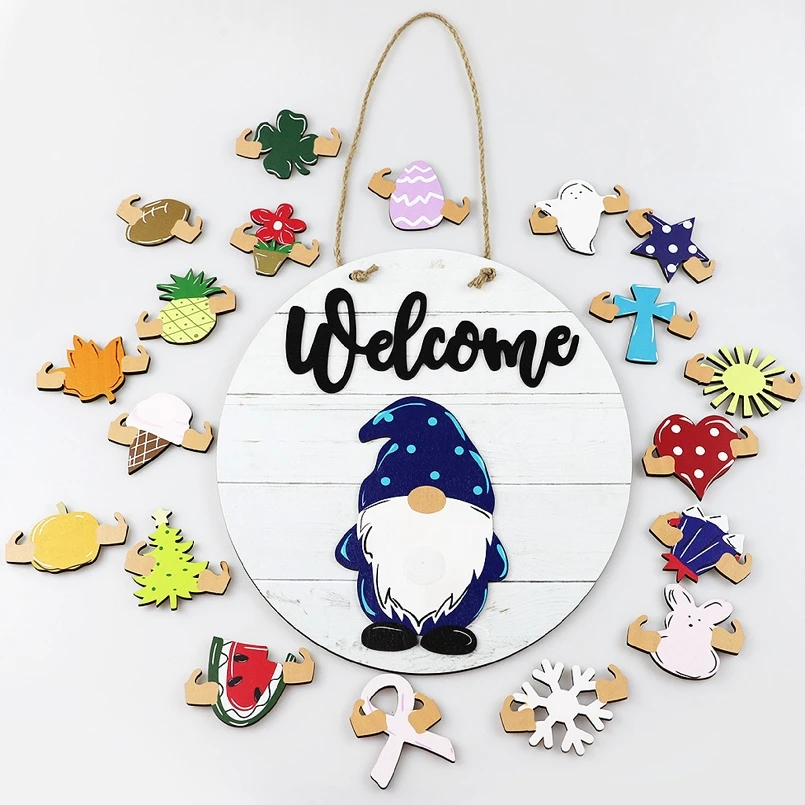 

Gnome Door Hanger Seasonal Welcome Sign with Interchangeable Holiday Pieces for Front Door Porch Hanging Christmas Decor