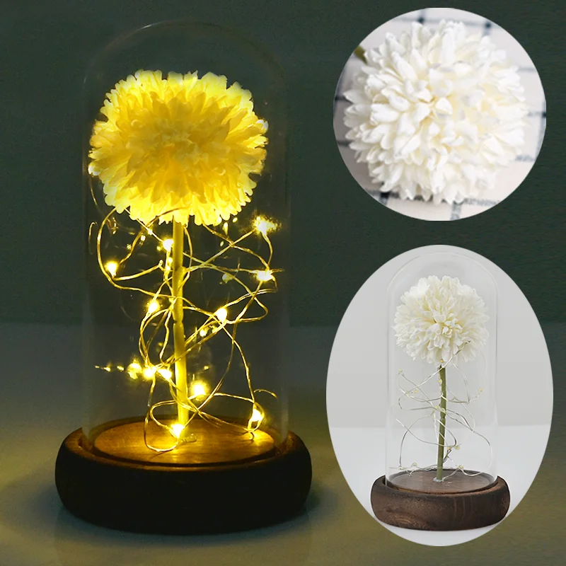White Dandelion Красота и чудовище, искусственные цветы, вечная Золотая фольга, роза, светодиодный светильник, стеклянный купол, ночник, подарок на день рождения для девочек - Цвет: White Dandelion