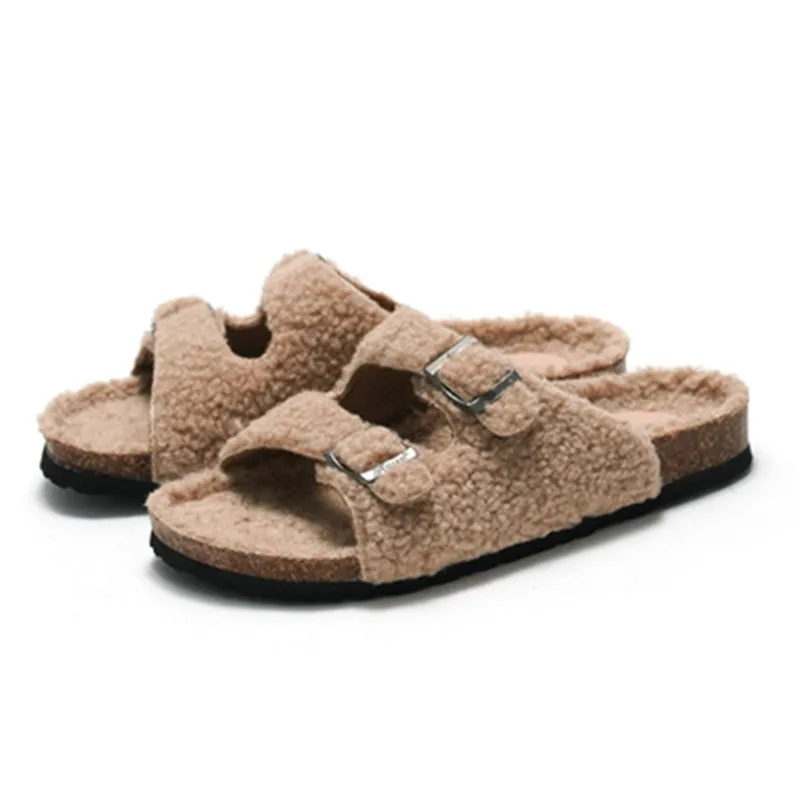 

2021 New Sheep Fur Cork Slipper Autumn Winter Men Women Casual Genuine Leather Outside Solid Buckle Soft Plush Slides Shoe