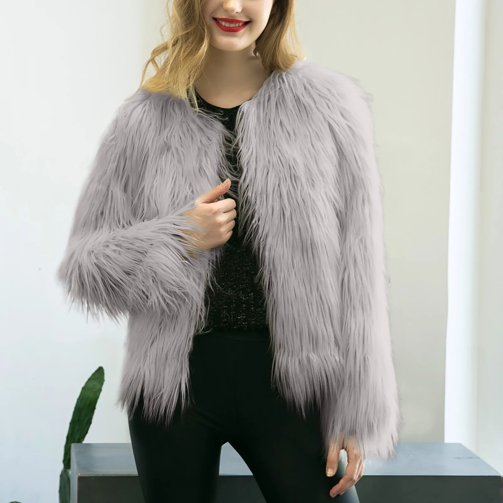 

Fashion Womens Ladies Warm Solid Colors Plush Long Sleeve Faux Fur Coat Winter Cardigan Jackets Outerwear Casaco Feminino#g3