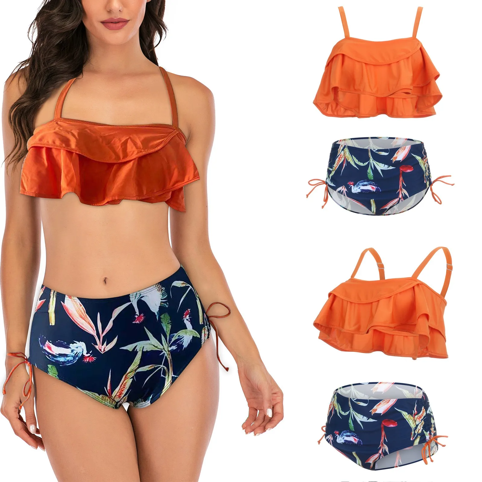 

Ruffled Swimsuit Women's Swimwear Sexy Bikini Thin Shoulder Strap Bikinis Set 2021 Printed Bathing Suit Sexy Swimsuit And Shorts