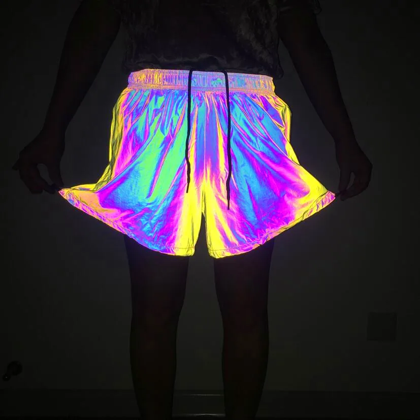 

Rainbow Reflective Summer Casual Shorts Women Plus Size High Waist Elastic Short Pants Wide Leg Loose Streetwear Night Running