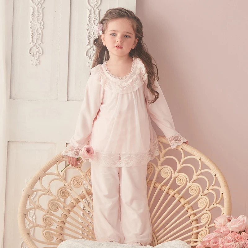 

2-10y Kids Leisure Pajamas Autumn Winter Long Sleeve Warm Sleepwear Toddler Girls Soft Cotton Lace Pyjamas Travel Hotel Nighty