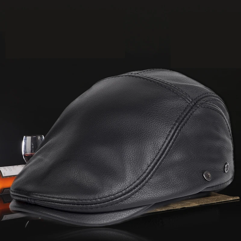 

Single skin thin leather hat young men spring and autumn cowhide beret middle-aged and elderly forward cap worker hat