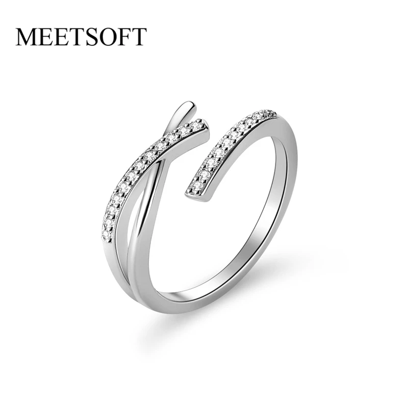 

MEETSOFT Trendy 925 Sterling Silver Double Layer Cross Zircon 18K Gold Opening Ring for Women Lovely Fine Jewelry Drop Shipping