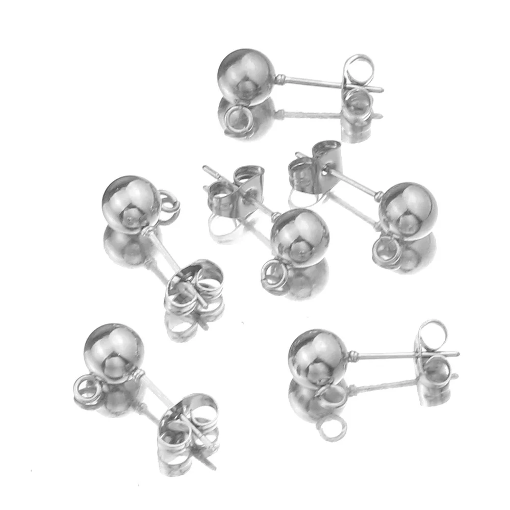 20pcs Gold Surgical Stainless Steel 3 4 5 6 8mm Round Ball Earrings Stud Post with Loop Fit DIY Earring Jewelry Making Craft images - 6