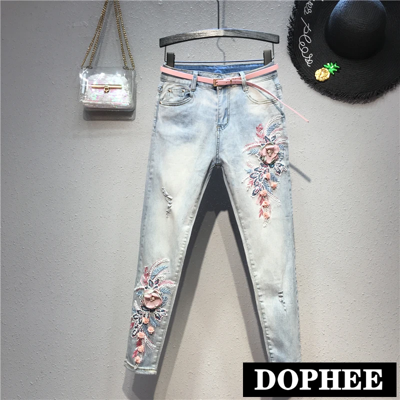 Женские джинсы новинка 2020 весенние узкие укороченные брюки расшитые блестками с
