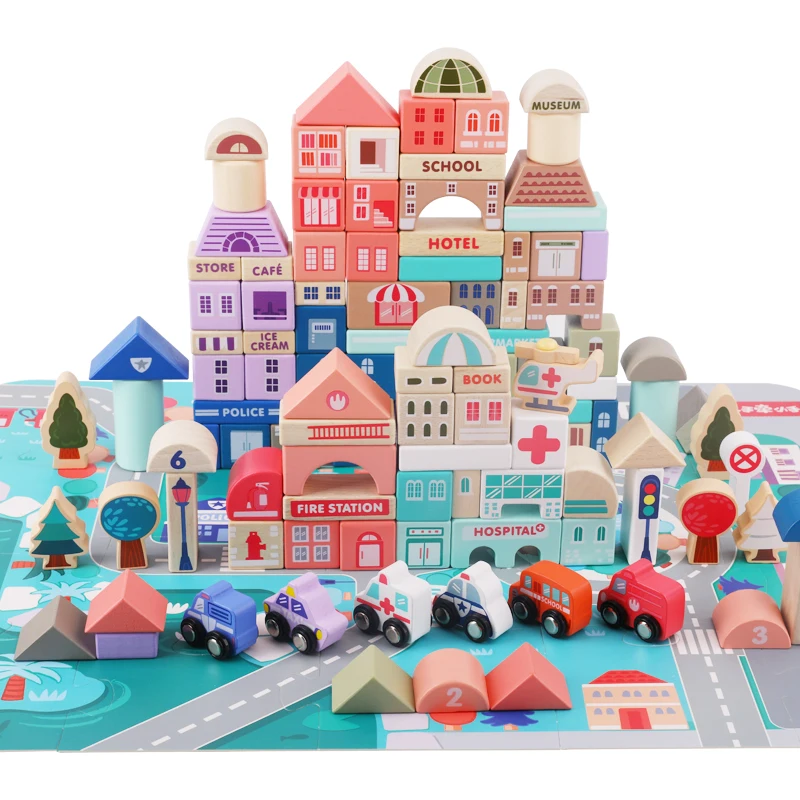 

115 Pcs Kids Toys Wooden Toys City Traffic Scenes Geometric Shape Assembled Building Blocks Early Educational Toys For Children